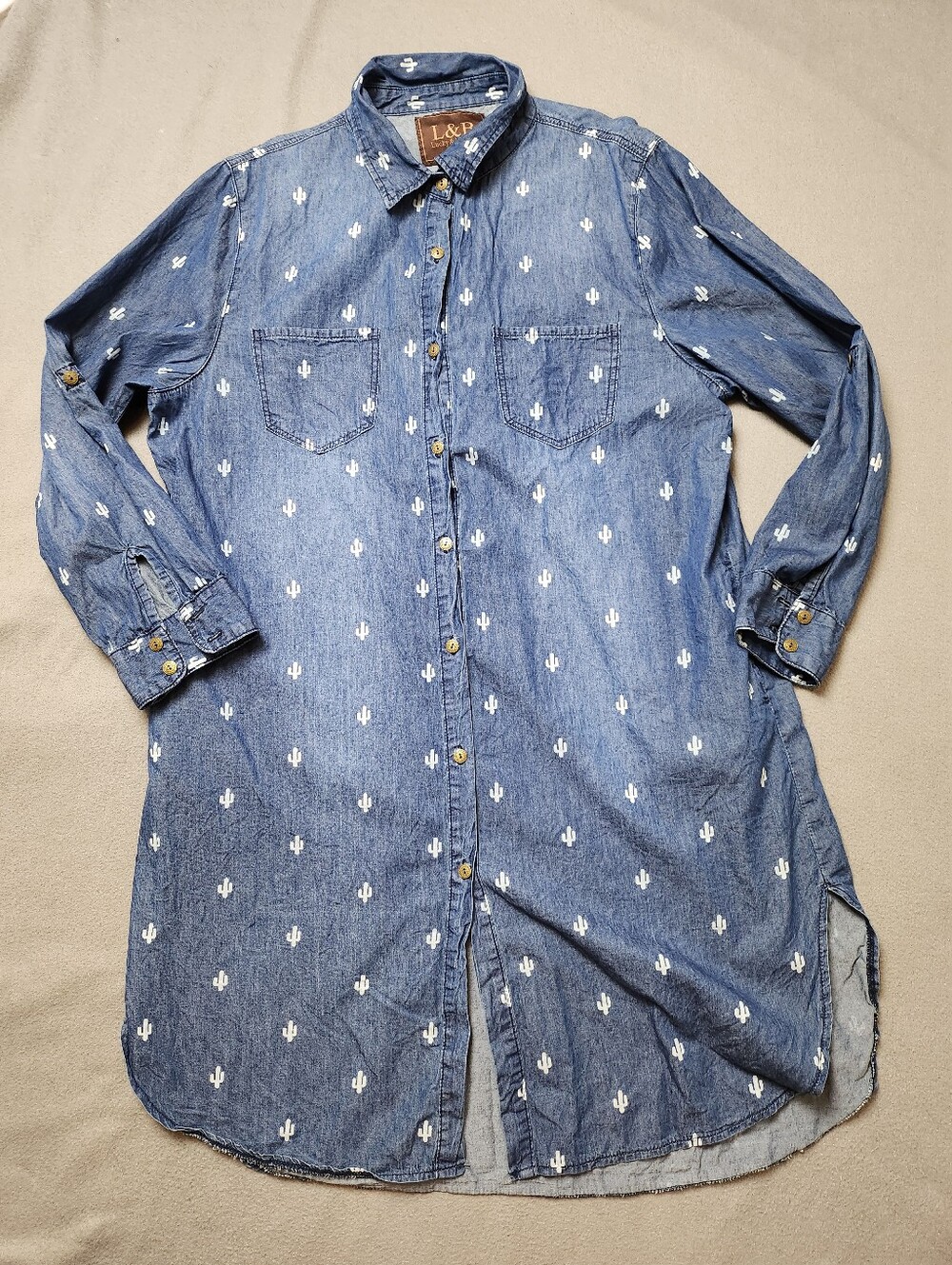 Lucky & Blessed XL Blue Denim Cactus Button Up Tunic Shirt Dress